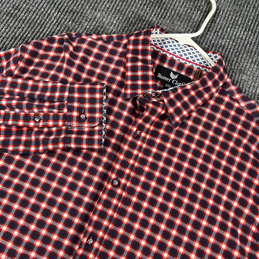 Butter Cloth Shirt Mens 2XL Red Check Long Sleeve Button Up Casual Comfort